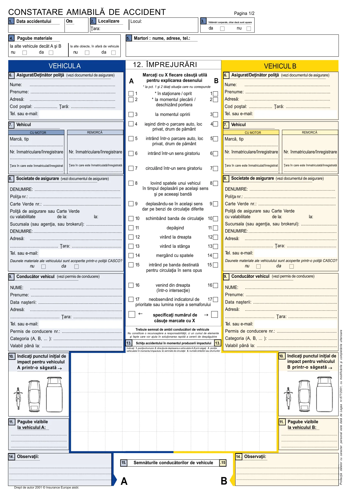 Formularul de constatare amiabilă de accident, gol, la rezoluție mare