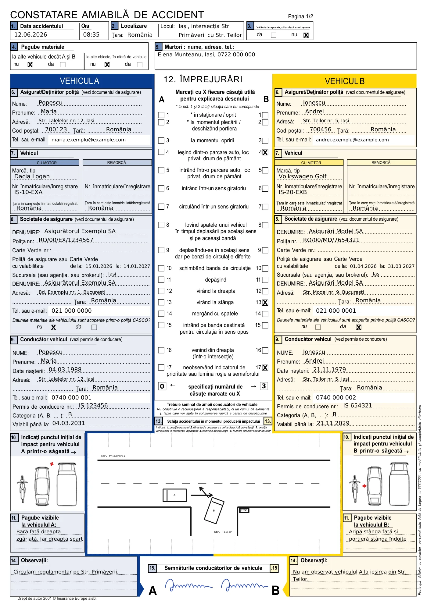 Model de constatare amiabilă completată cu date fictive, generat de eAmiabila — pagina A4 întreagă