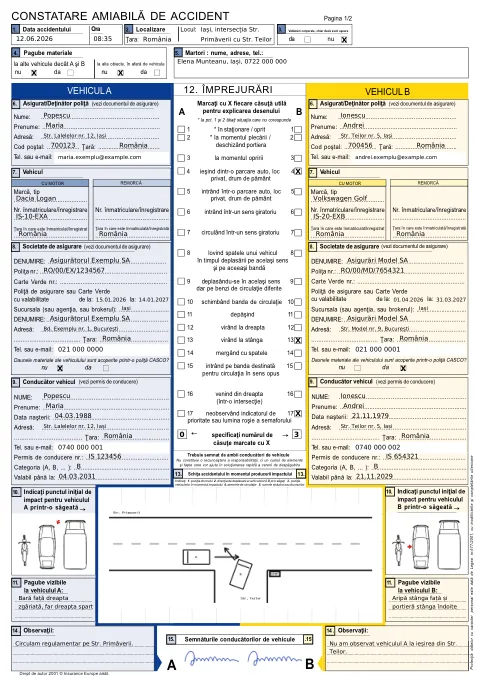 Exemplu de document PDF de constatare amiabilă generat de eAmiabila, completat cu date fictive: data, coloanele A și B, împrejurări bifate, schiță și semnături