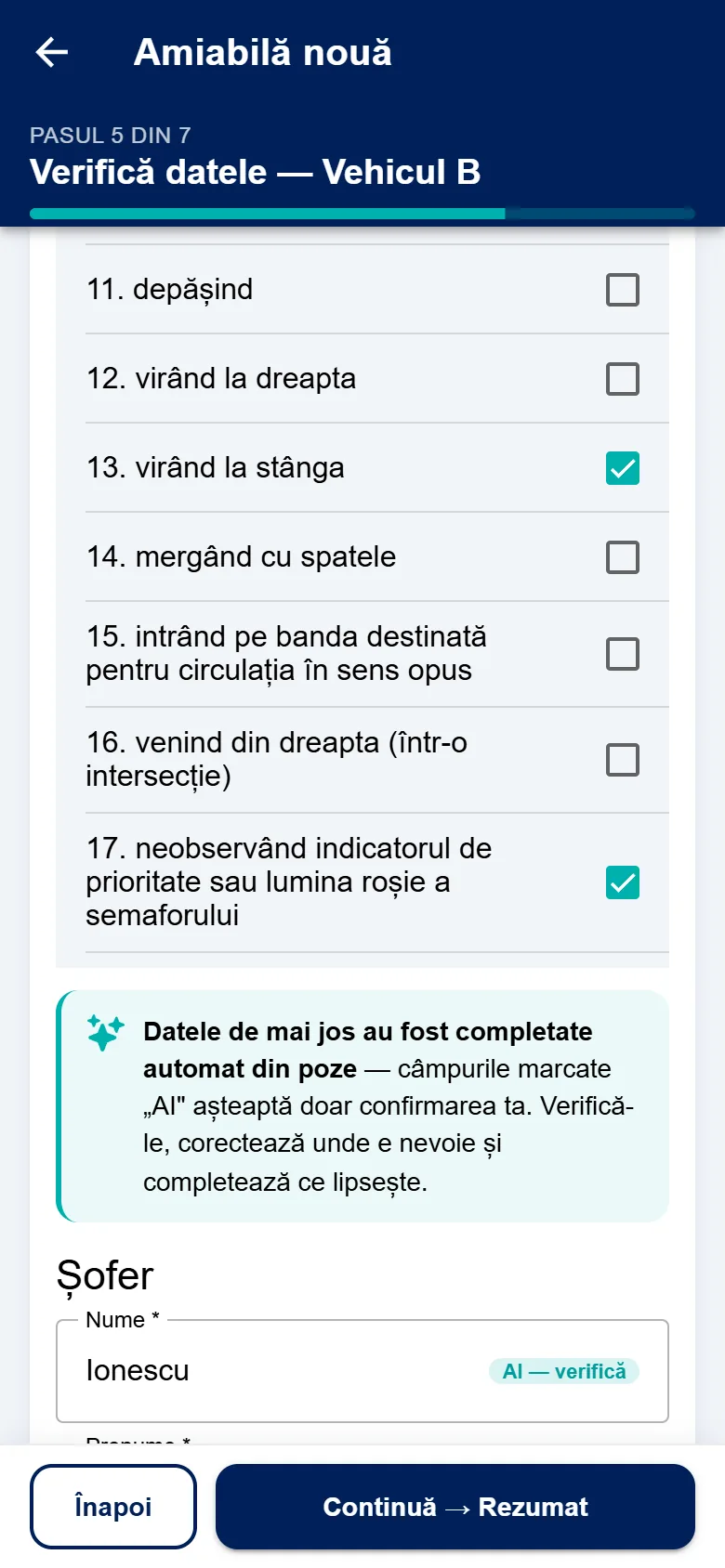 Împrejurările vehiculului B din model, bifate în aplicația eAmiabila: 13 (virând la stânga) și 17 (neobservând indicatorul de prioritate)