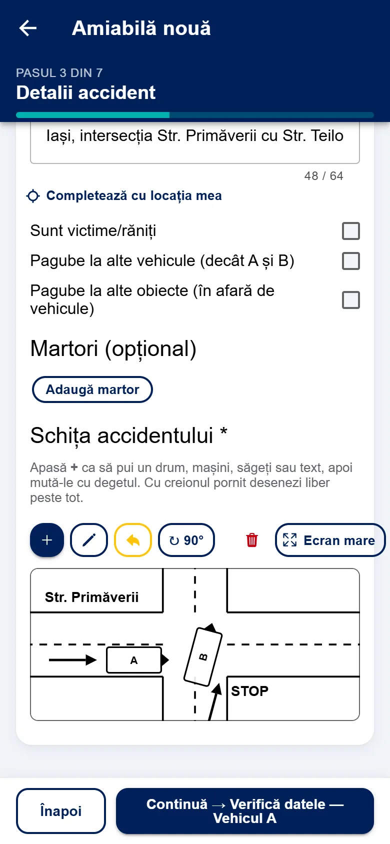 Schița unui accident desenată în aplicația eAmiabila: intersecție, vehiculul A pe strada cu prioritate, vehiculul B ieșind din strada laterală cu STOP, săgeți de deplasare și bara cu uneltele de desen