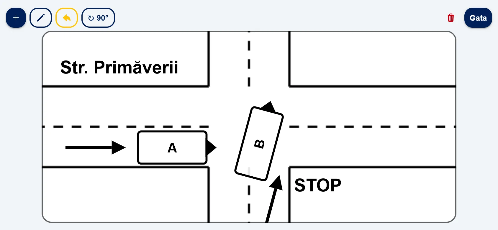 Schița unui accident desenată în aplicația eAmiabila, în modul „Ecran mare” (telefon întors): intersecție, vehiculul A pe Str. Primăverii, vehiculul B ieșind din strada laterală cu STOP, săgeți de deplasare și uneltele de desen