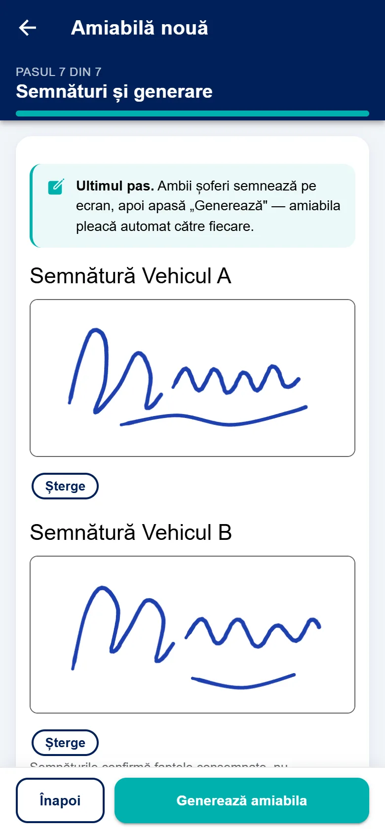 Semnarea constatării amiabile direct pe telefon în eAmiabila: pasul 7 din 7, cele două casete de semnătură pentru vehiculul A și vehiculul B, cu semnături demo, și butonul Generează amiabila