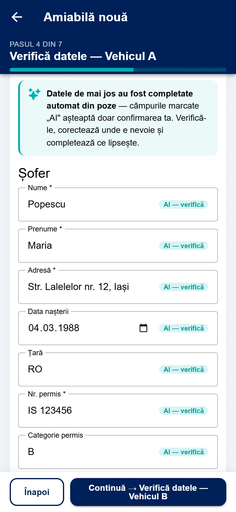 Verificarea datelor extrase automat din documente în eAmiabila: câmpurile Nume, Prenume, Adresă, Data nașterii și Nr. permis completate cu date fictive și marcate „AI — verifică”